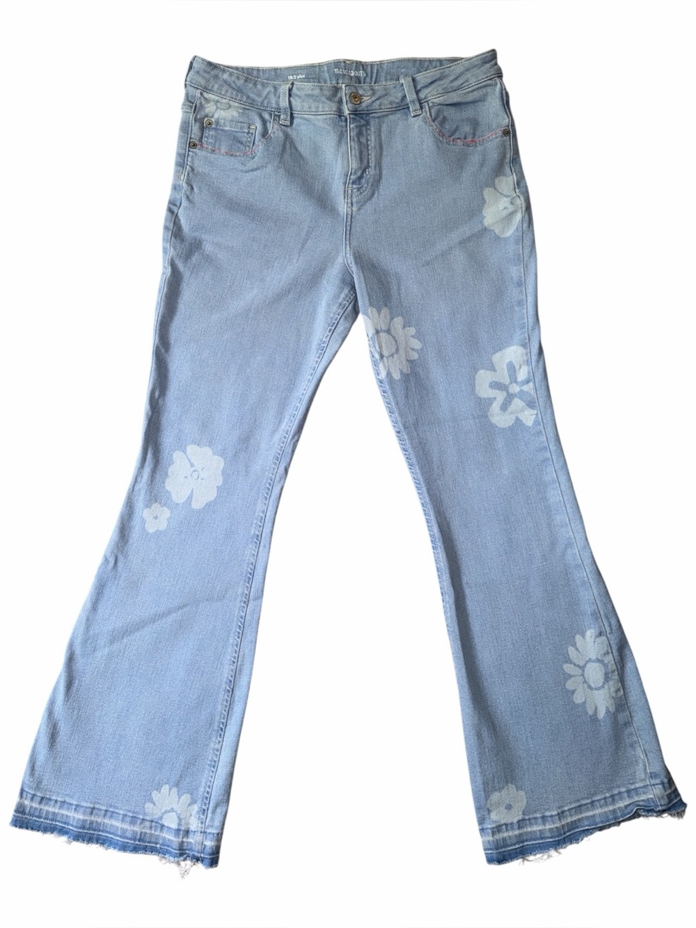 Flare Jeans Bleached Floral Print Distressed Hem Mid Rise Women’s Size 18.5 Plus